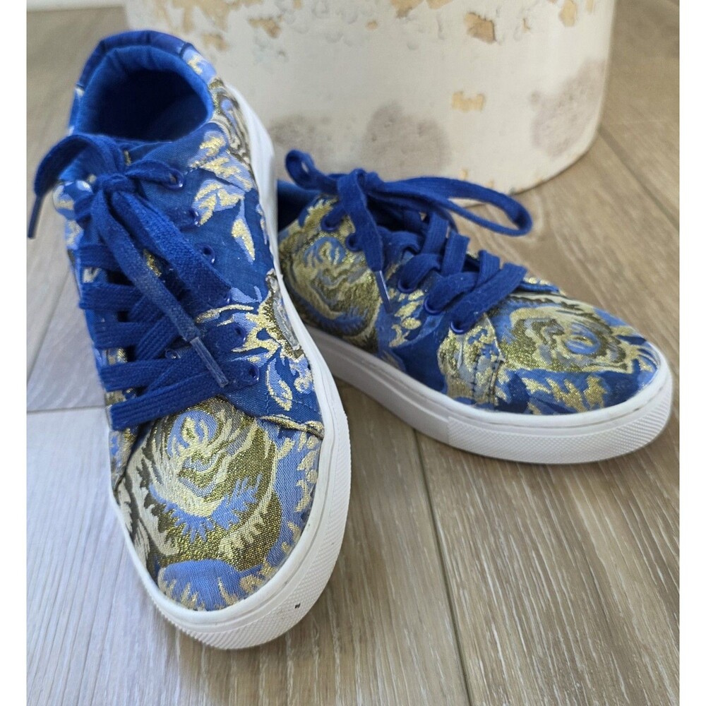 Isaac Mizrahi Live Blue Gold Brocade Floral Sneakers Lace Up Low Top Women